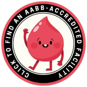 Click to find an AABB-Accredited Facility in Your Area, image of a happy little blood drop with the text "Save a life, donate blood"